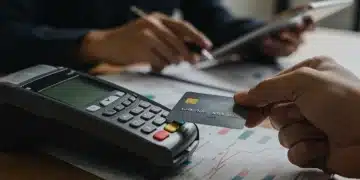 Credit card being inserted into a terminal with financial data on a tablet, symbolizing FICO Score 10 evaluation.