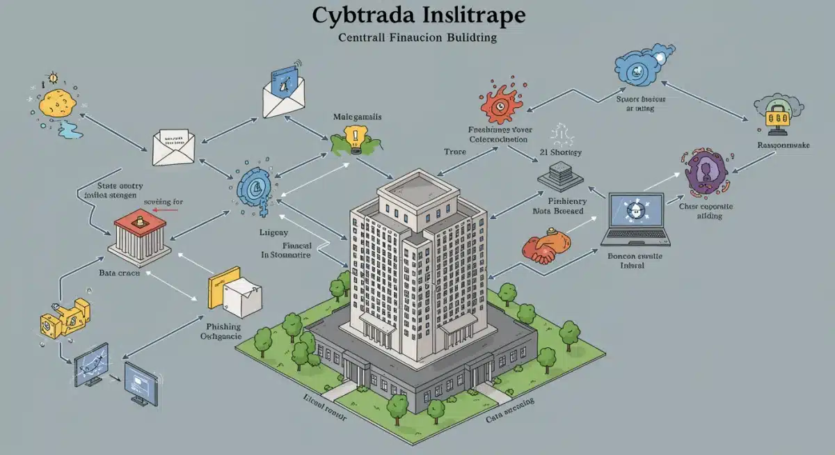 Cyber threat landscape targeting financial institutions, showing phishing, malware, and ransomware vectors.