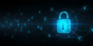 Digital padlock protecting financial data network, symbolizing robust cybersecurity for US financial institutions.