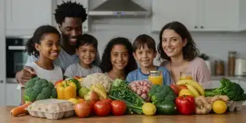 Smiling family with healthy groceries, symbolizing improved food security