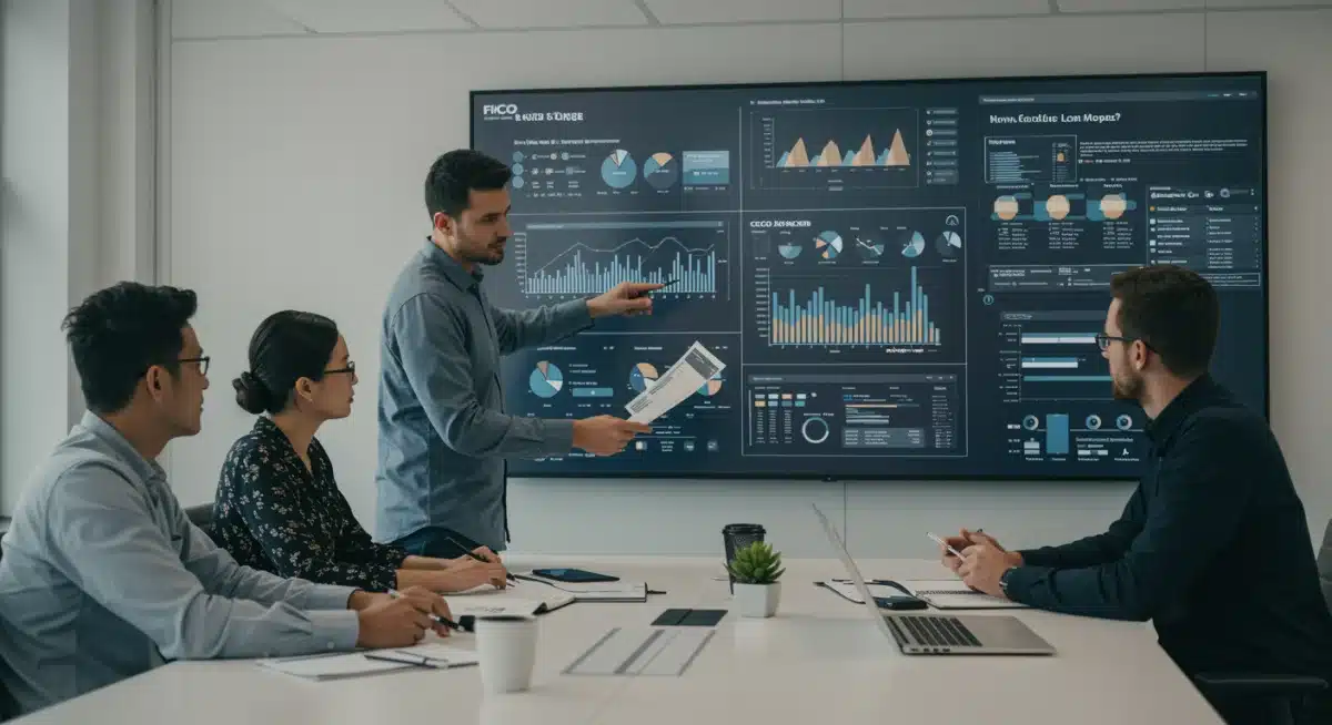 Financial professionals analyzing credit score data on a large screen, discussing the impact of FICO Score 10.