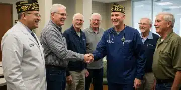 Veterans receiving healthcare and support at a modern VA facility