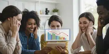 People happily reviewing health insurance savings on a tablet