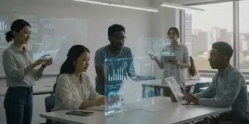 Students and teachers engaging with AI-powered learning tools in a futuristic classroom environment.