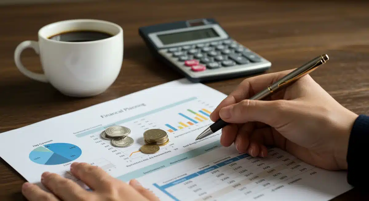 Hand calculating retirement savings with a pen and financial documents