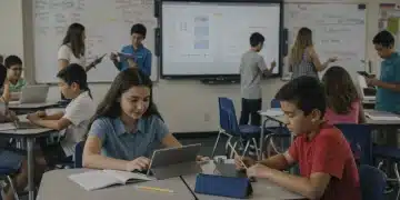 Mastering Digital Literacy: Essential Skills for US Education Students learning digital literacy in a modern US classroom setting with various devices