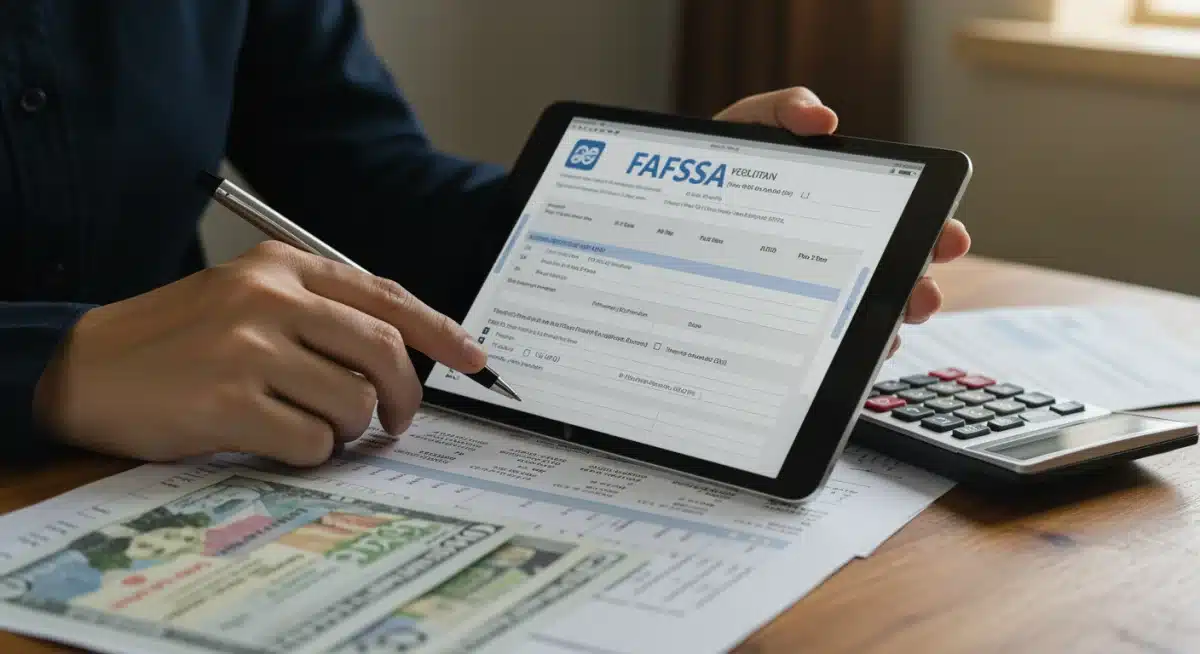 Person filling out FAFSA form on a tablet, focusing on financial details.