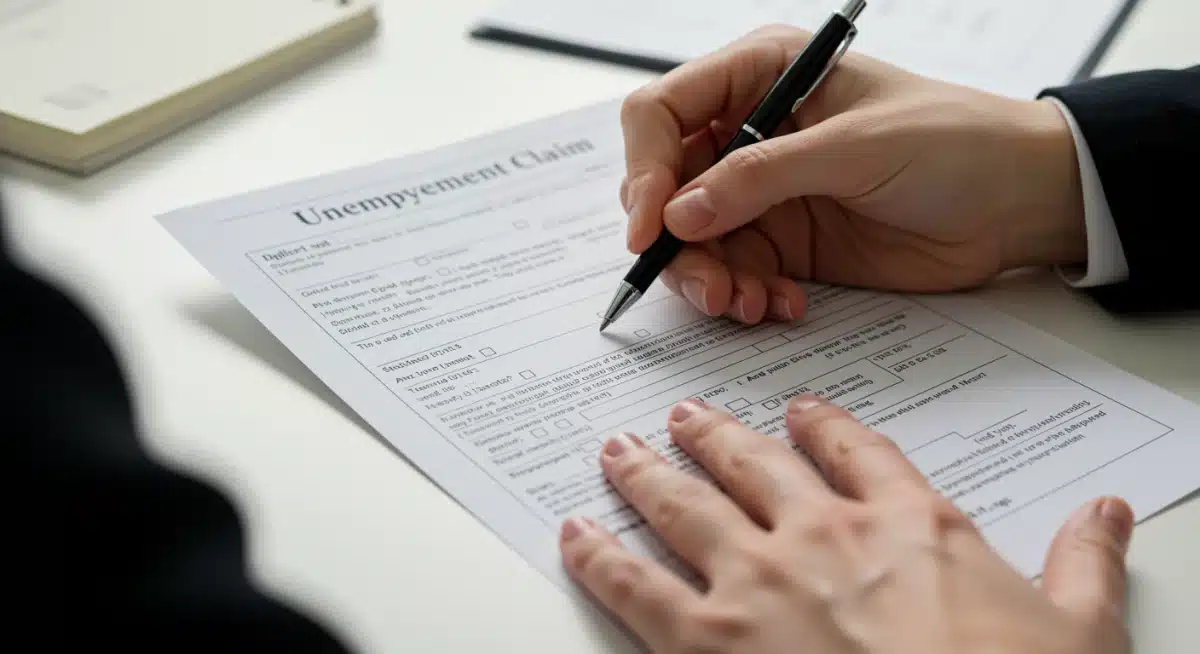 Hands meticulously filling out an unemployment benefits application form.