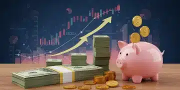Illustration of growing US dollar bills and a full piggy bank, symbolizing high returns from savings accounts.