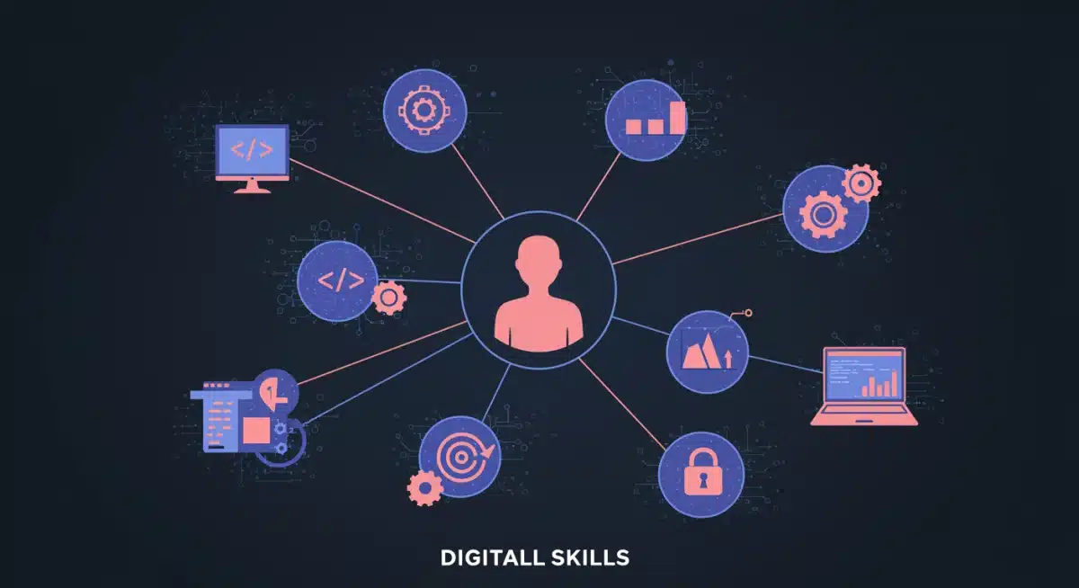 Interconnected digital skills forming a web around a digitally literate individual