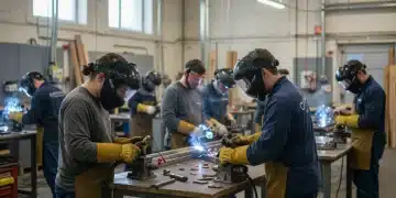 Diverse apprentices learning skilled trades in a modern workshop