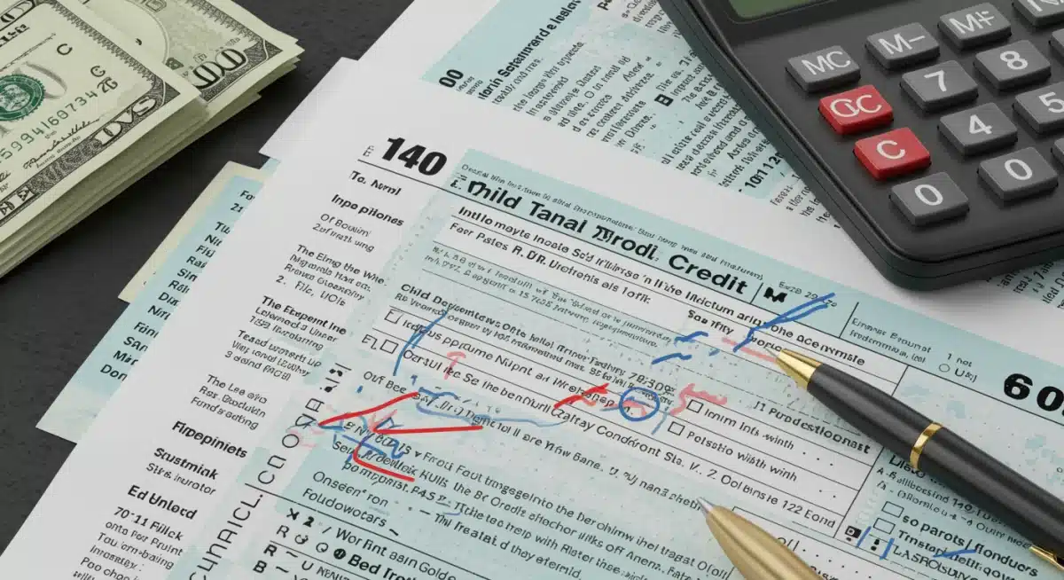 Illustration of tax forms and a calculator, representing the process of claiming the 2025 Child Tax Credit.