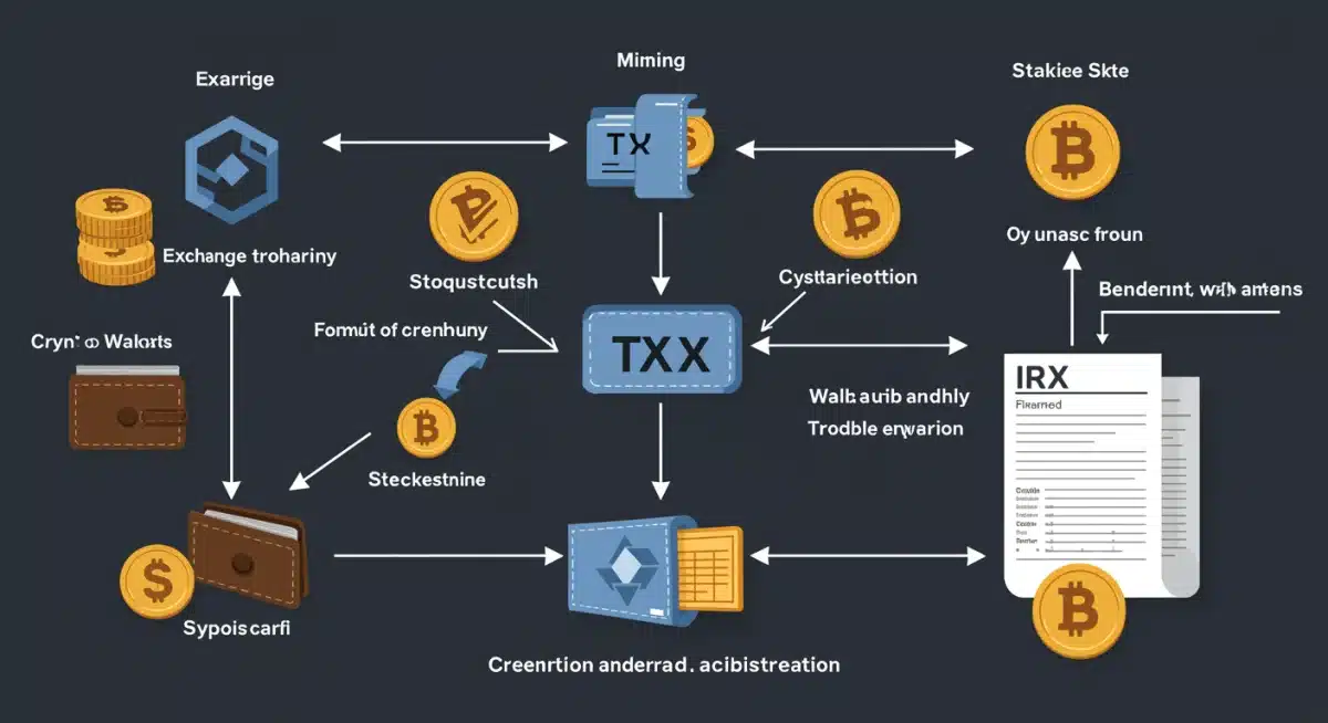 Diagram showing cryptocurrency transaction flow and taxable events for 2026 IRS regulations