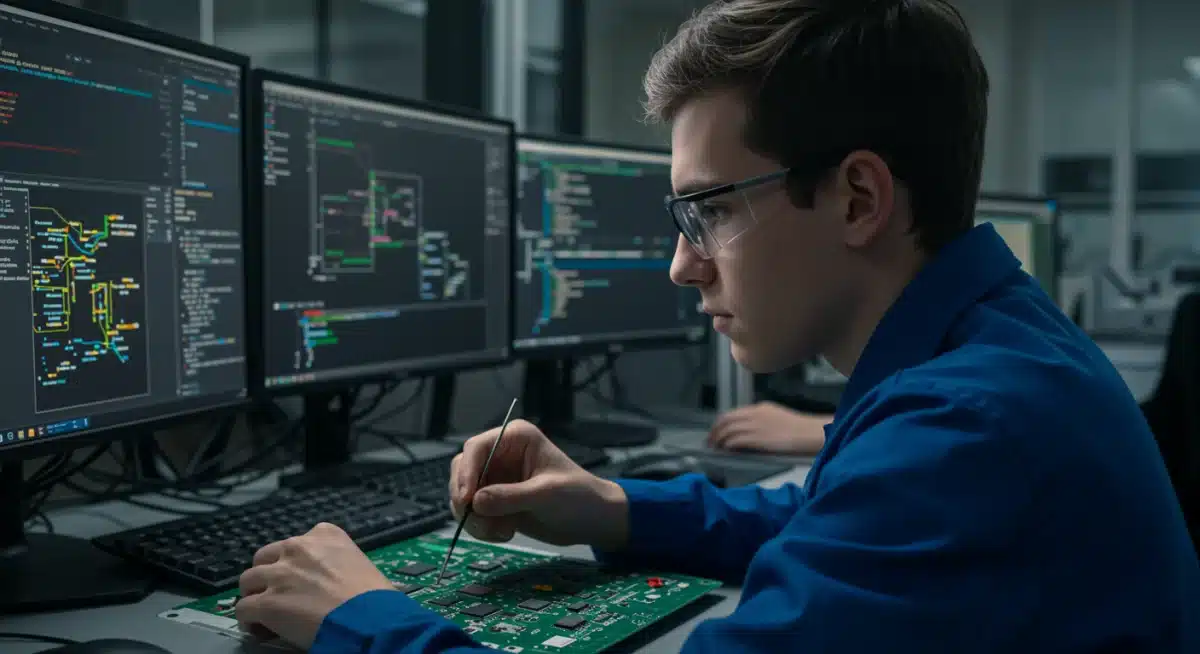 Apprentice working on a circuit board in a cybersecurity lab