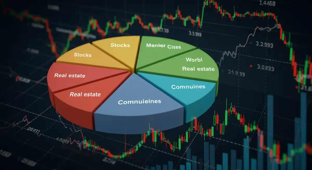 Diversified investment portfolio pie chart with financial graphs