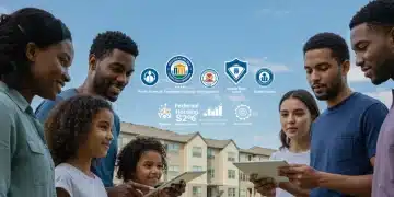 Families comparing federal housing assistance programs on a tablet in front of an affordable housing complex.