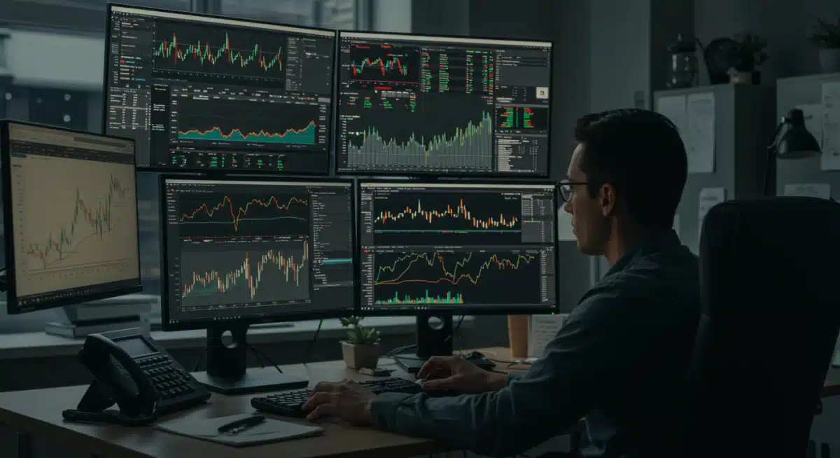 Investor analyzing financial data for 2026 economic forecast and portfolio adjustments.