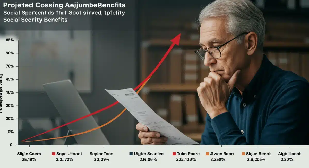 Infographic showing projected COLA increase for Social Security benefits in 2025, with a person analyzing finances.