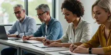 Adult learners engaged in a collaborative classroom setting, representing the pursuit of continuing education through federal grants.