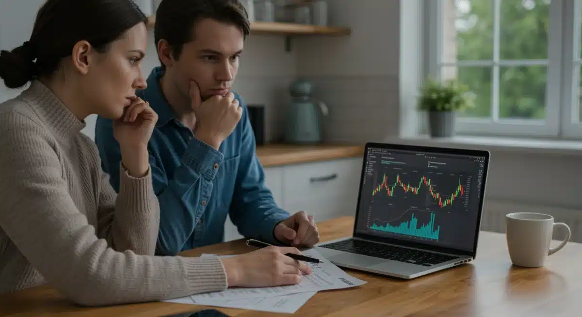 Couple analyzing mortgage refinancing options with high interest rates.