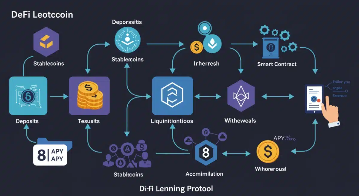 Infographic illustrating stablecoin flow in a DeFi lending protocol with 8% APY