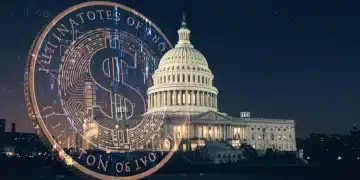 Digital dollar coin with US Capitol, representing national digital currency standard bill