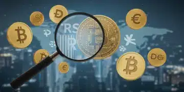 IRS logo overseeing cryptocurrency symbols, representing new tax guidance on staking and DeFi.