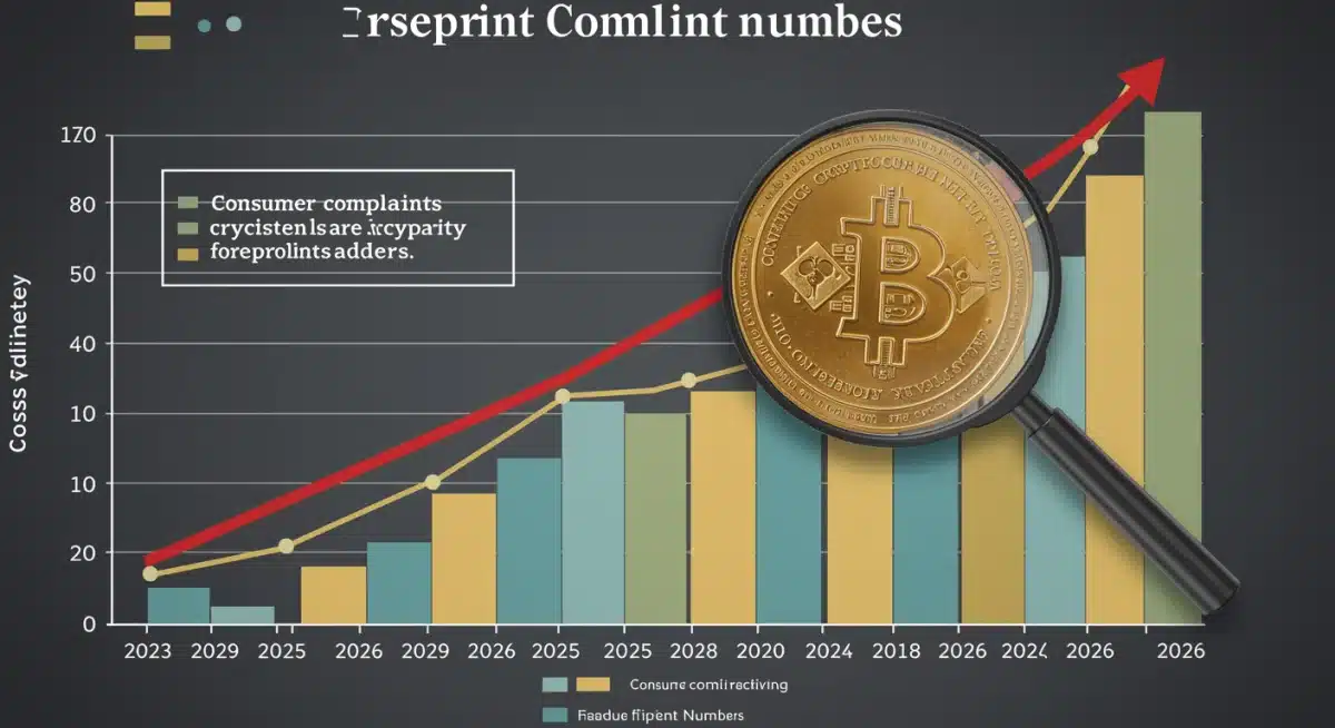Chart showing a 40% rise in crypto consumer complaints leading into 2026, with a magnifying glass highlighting fraud.