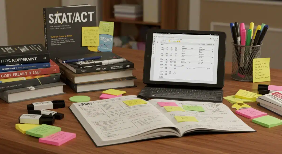 Organized study desk with SAT ACT preparation materials