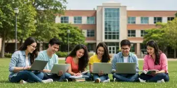 College students studying together on a sunny university campus lawn, reflecting optimism for higher education.