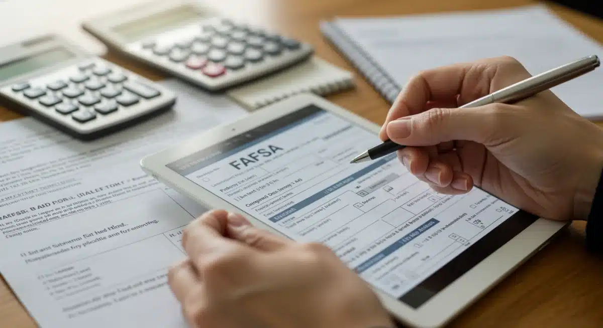 Hand filling out a digital FAFSA form on a tablet, representing the application process for federal student aid.