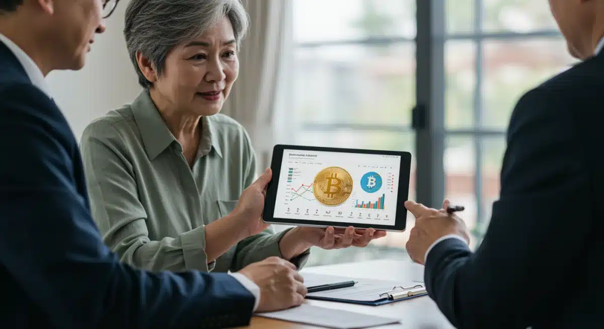 Financial advisor discussing diversified portfolio with digital assets for retirement
