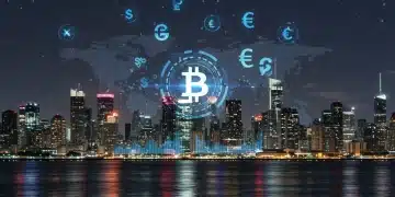 Futuristic cityscape with Bitcoin and digital asset symbols in a retirement plan chart