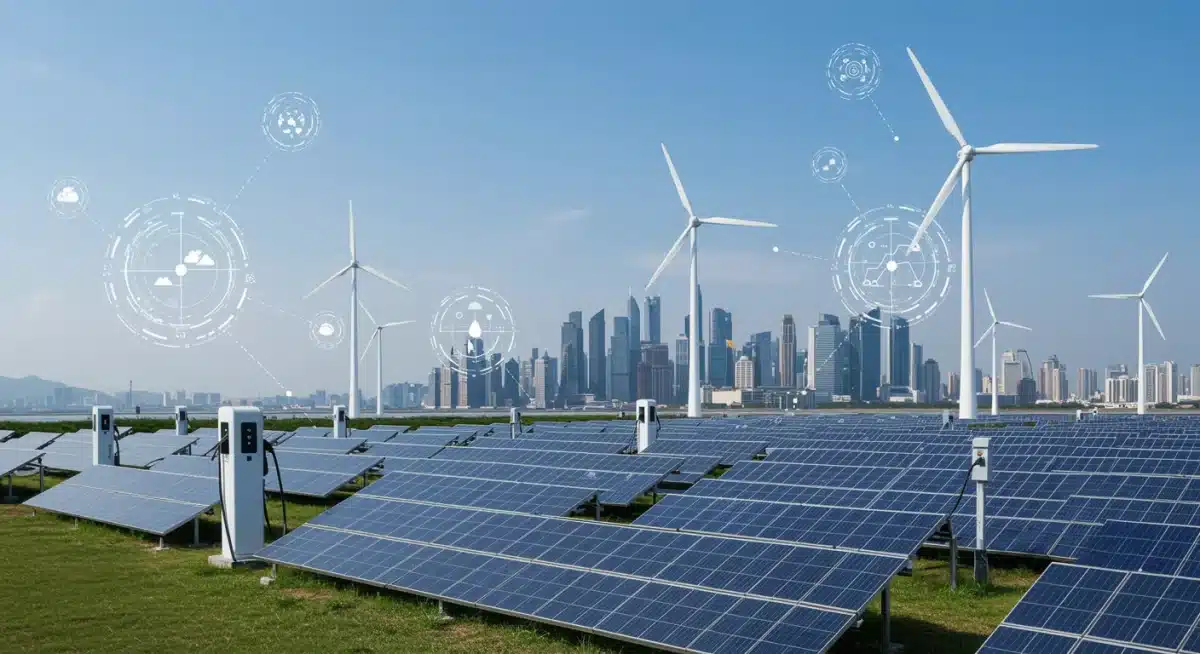 Renewable energy infrastructure, including solar panels, wind turbines, and EV charging stations, illustrating sustainable growth.