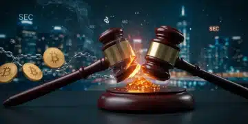 Gavel striking a blockchain network, representing SEC crypto regulations and stricter stablecoin rules.