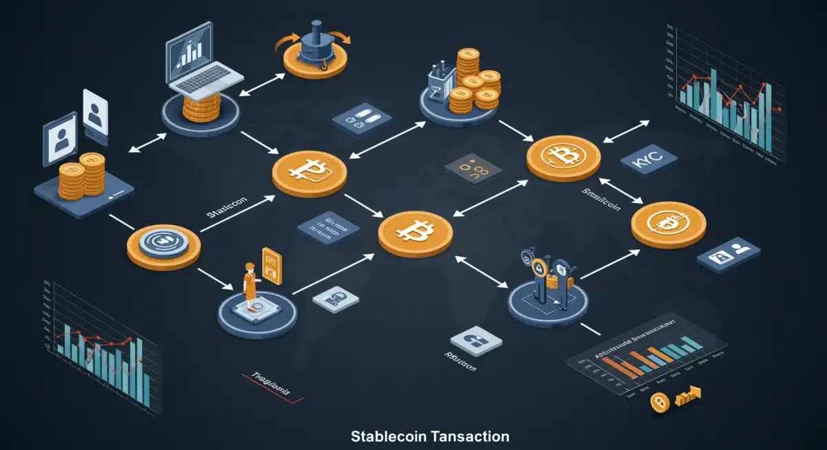 Infographic illustrating enhanced regulatory oversight on stablecoin transactions and compliance requirements.
