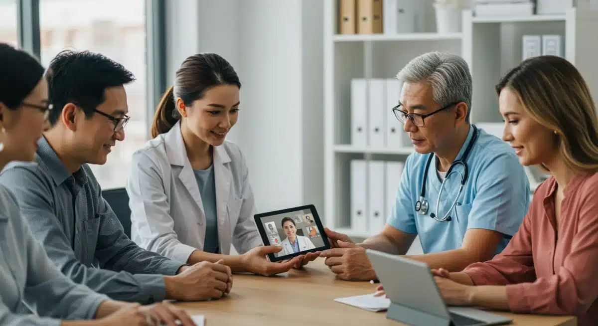 Diverse individuals using telehealth for medical consultation in 2026