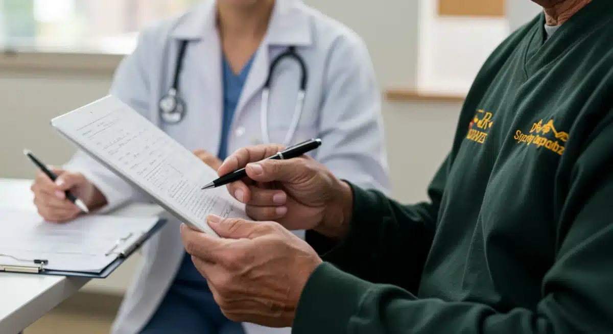 Veteran reviewing medical documents with a healthcare professional, symbolizing VA healthcare access.