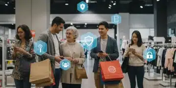 Consumers confidently navigating shopping with digital rights symbols