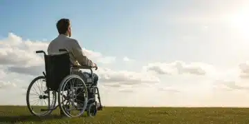 Person in wheelchair looking at horizon, symbolizing future disability benefits and financial security.