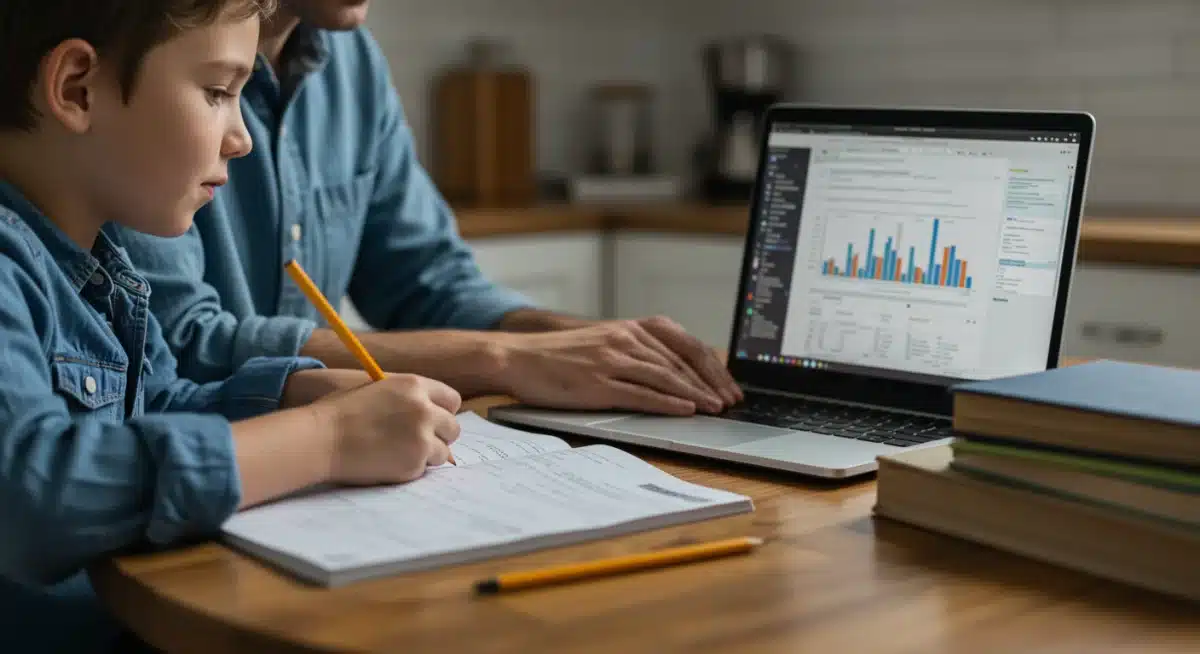 Parent assisting child with homework, with financial documents in the background, representing the use of tax credits.