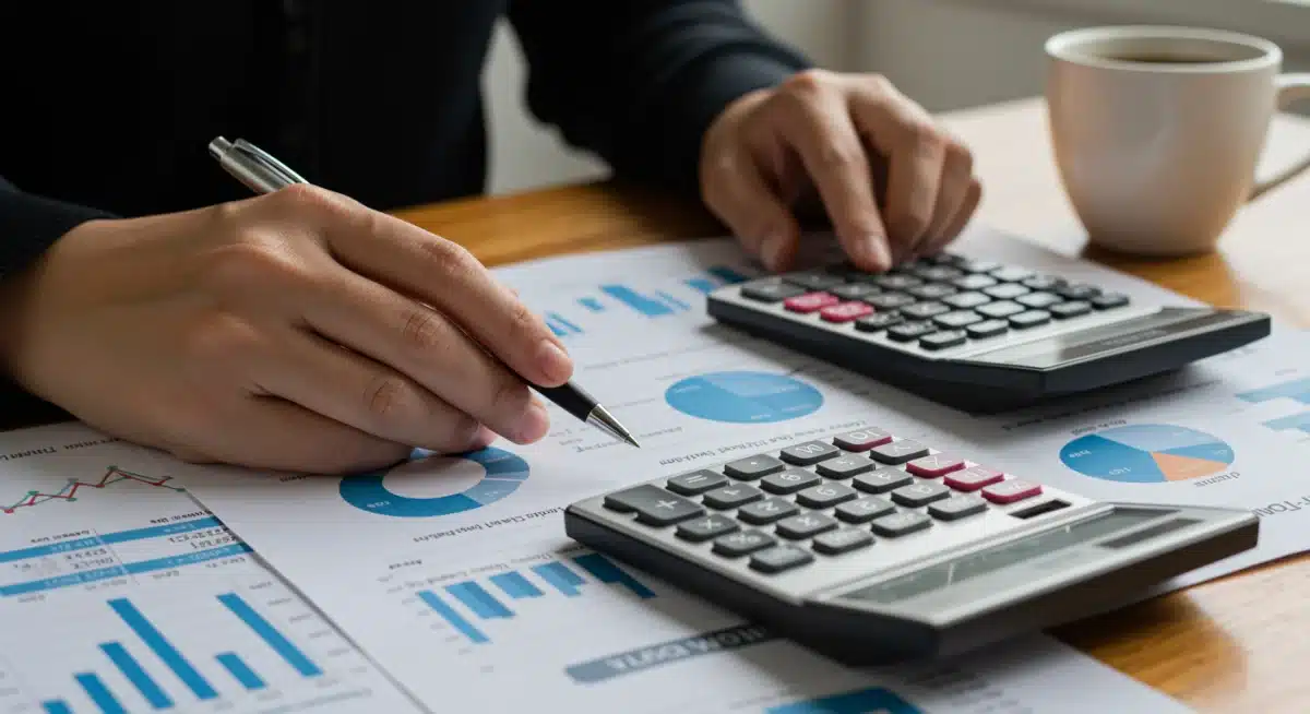 Hands analyzing financial planning documents with calculator and coffee.