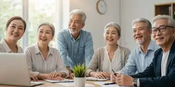 Group planning for secure retirement with financial documents and laptop.