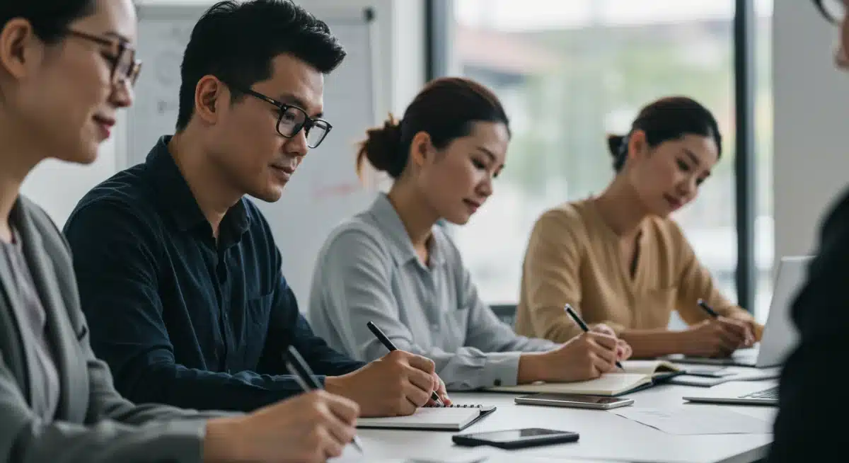 Small business owners learning about financial preparation for federal loans.