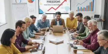 Diverse US adults learning online financial literacy, smiling and engaged with laptops and financial charts.