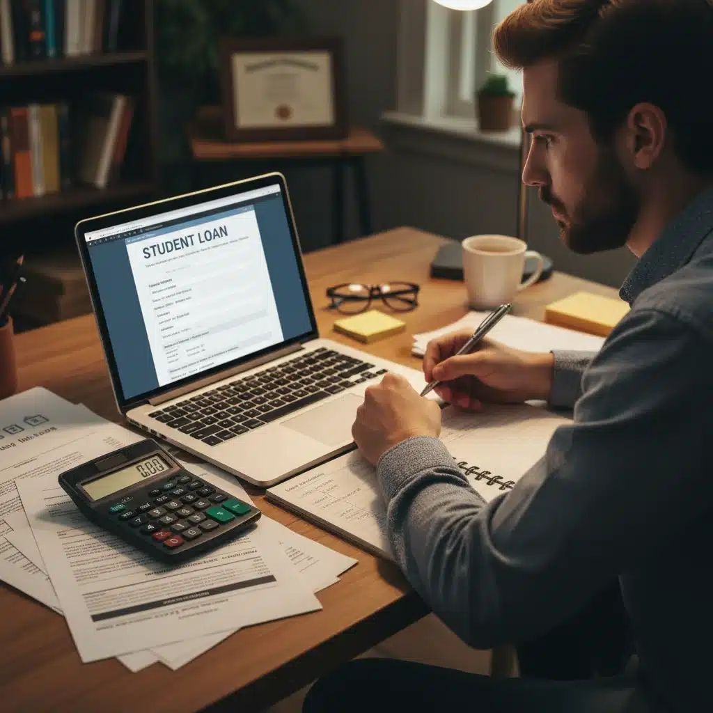 Individual diligently completing a student loan forgiveness application online