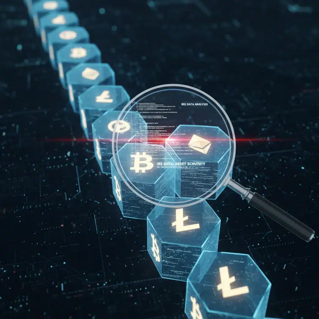 Blockchain technology with magnifying glass, IRS scrutiny on digital assets