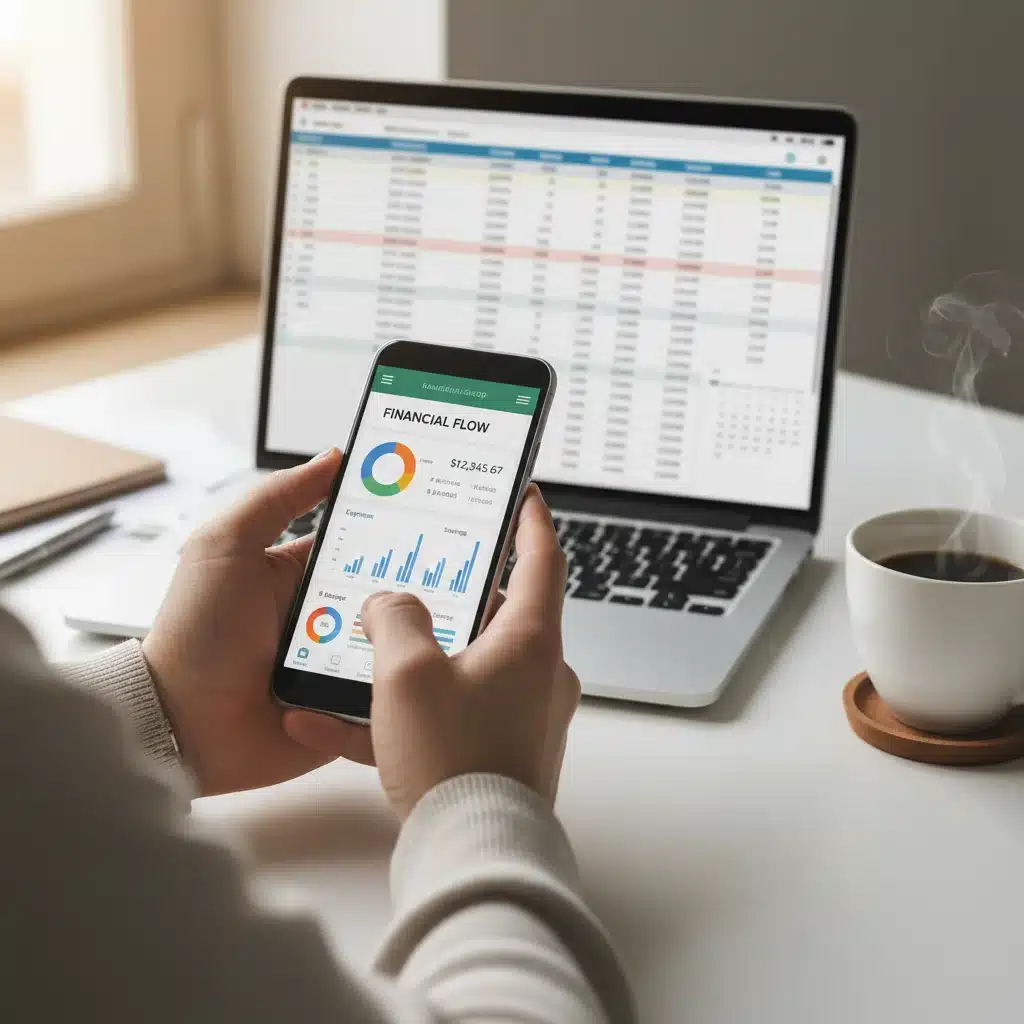 Hands using budgeting app on smartphone, laptop with financial spreadsheet in background, illustrating personal finance management.