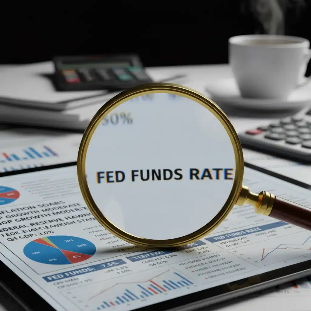 Financial data and economic indicators on a screen, with a magnifying glass.