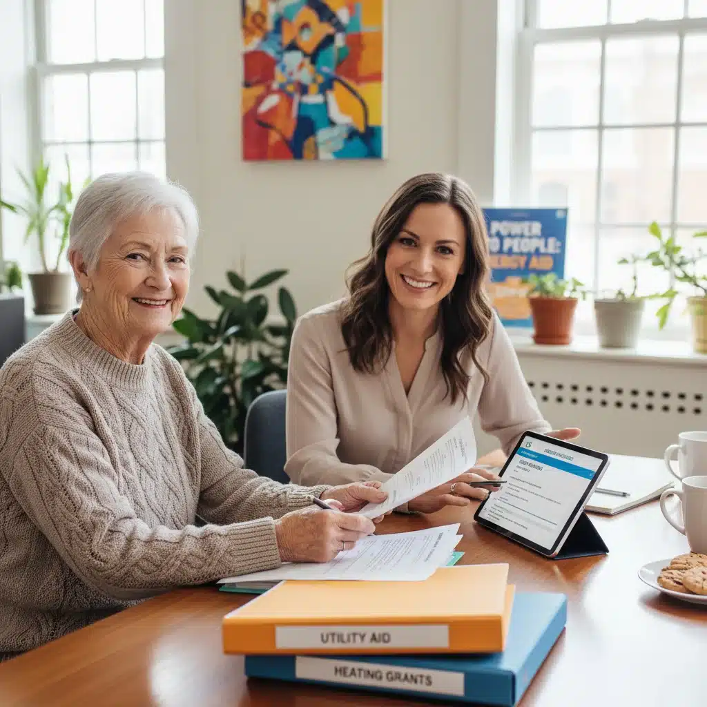 Elderly woman applying for energy assistance with social worker